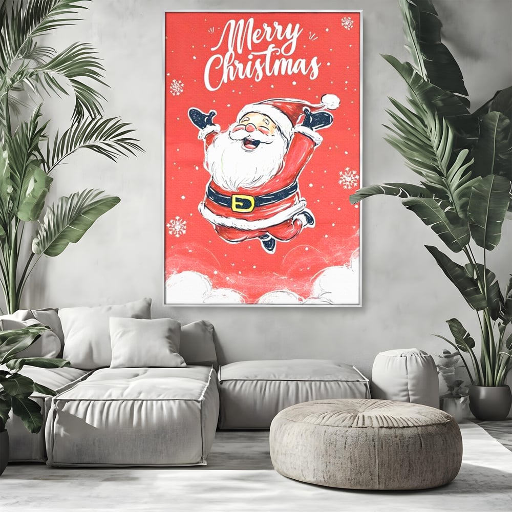 Tablou canvas cu ilustratie cu mos craciun zambind, in rama de aluminiu argintiu, pe perete intr-un living